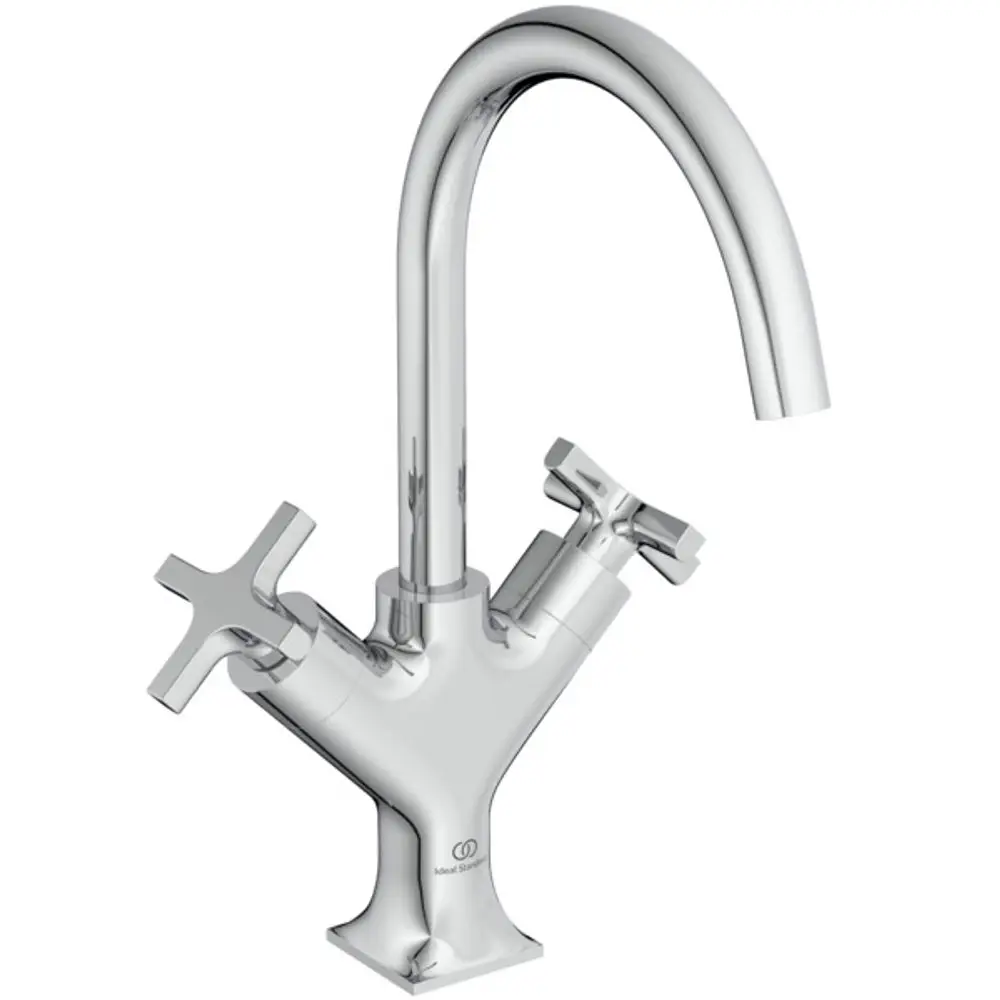 Waschtischarmatur mit zwei Kreuzgriffen und einem gewölbten Auslauf, aus glänzendem Chrom gefertigt. Produkt von Ideal Standard.